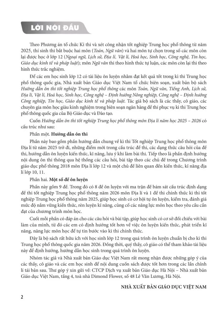 HƯỚNG DẪN ÔN THI TỐT NGHIỆP THPT MÔN ĐỊA LÍ (Năm học: 2025 - 2026)